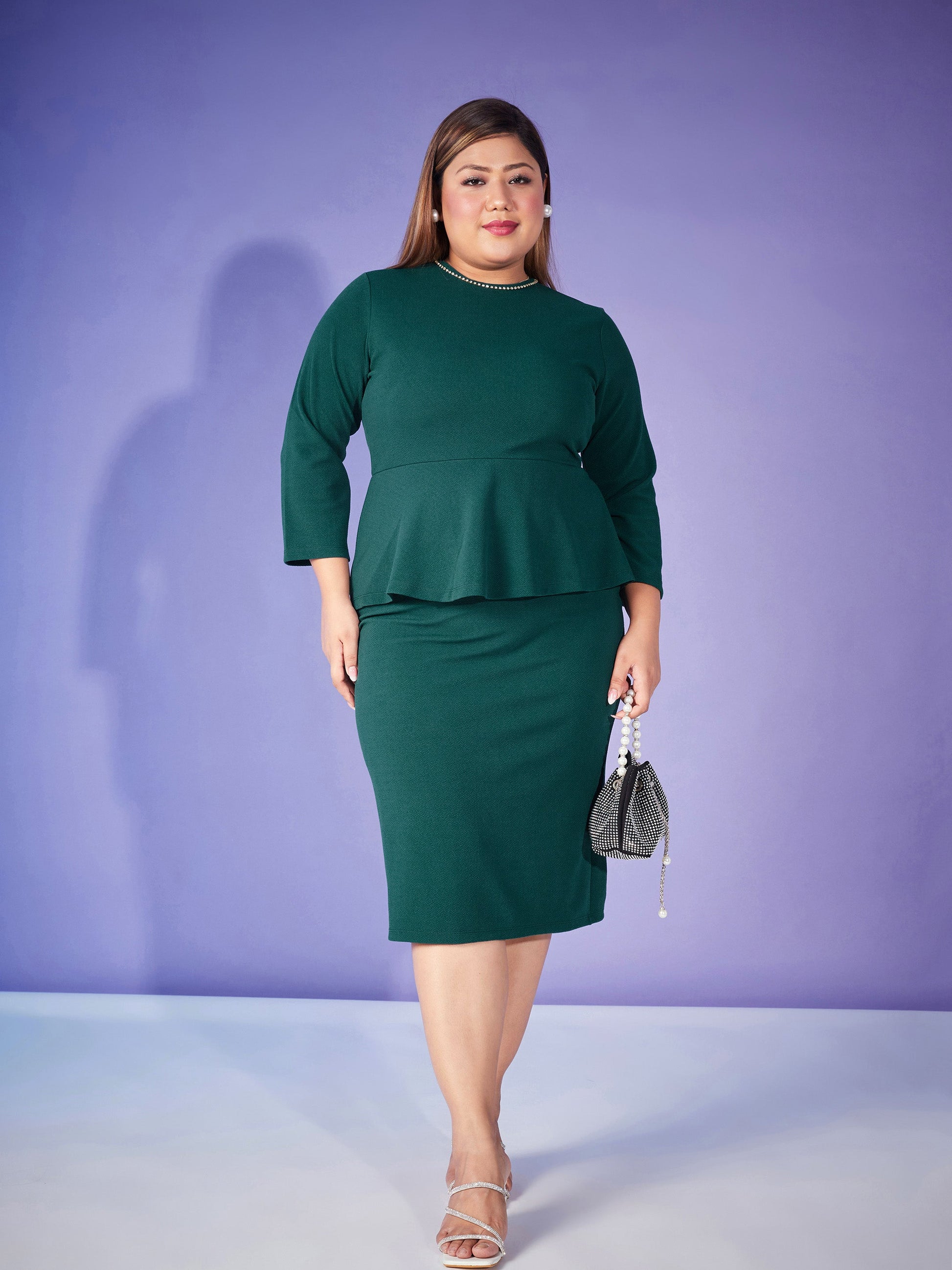 Plus size women's Green Karera Crepe Emerald Peplum Bodycon Dress by Sassafras Curve for wholesale buyers, boutiques, resellers and bulk orders from