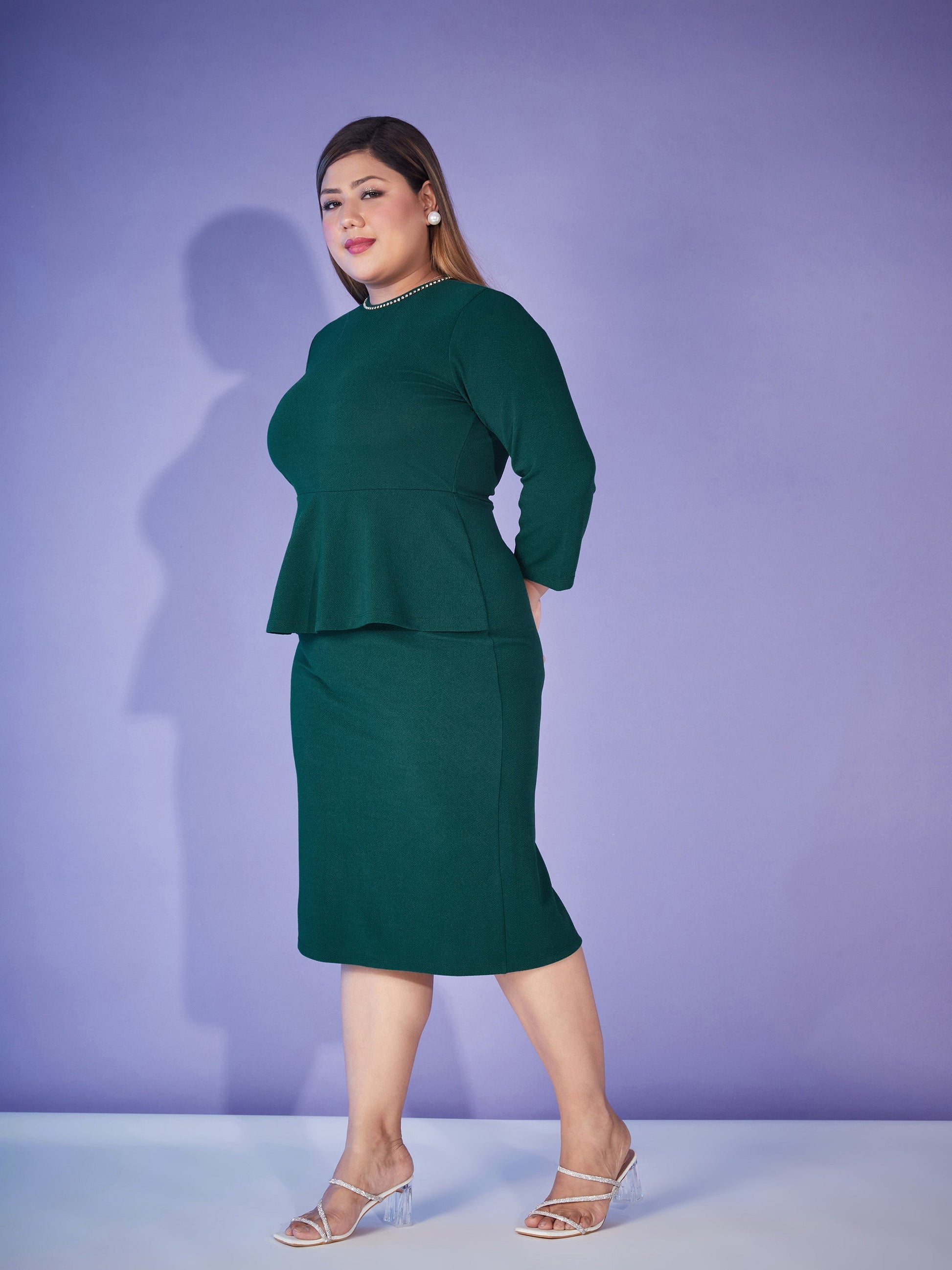 Emerald Peplum Bodycon Dress-SASSAFRAS Curve