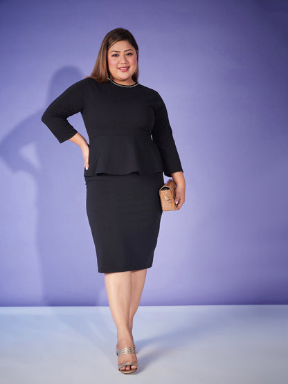 Black Peplum Bodycon Dress-SASSAFRAS Curve
