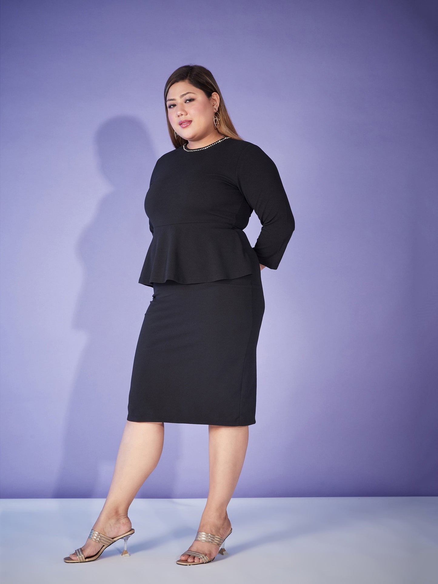 Black Peplum Bodycon Dress-SASSAFRAS Curve