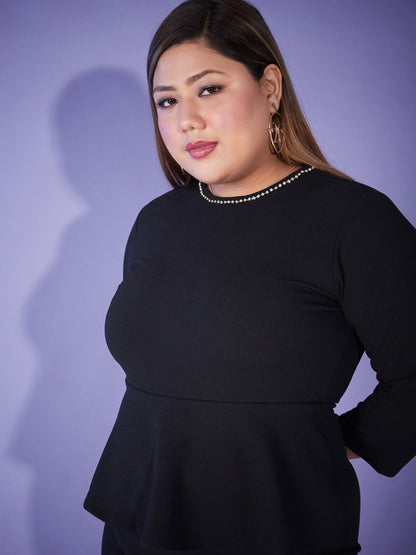 Black Peplum Bodycon Dress-SASSAFRAS Curve