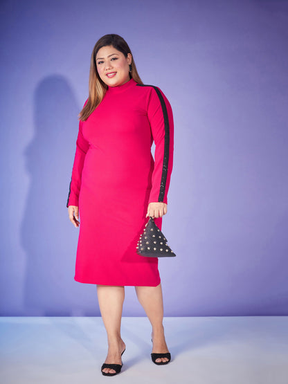 Fuchsia Sequin High Neck Bodycon Dress-SASSAFRAS Curve