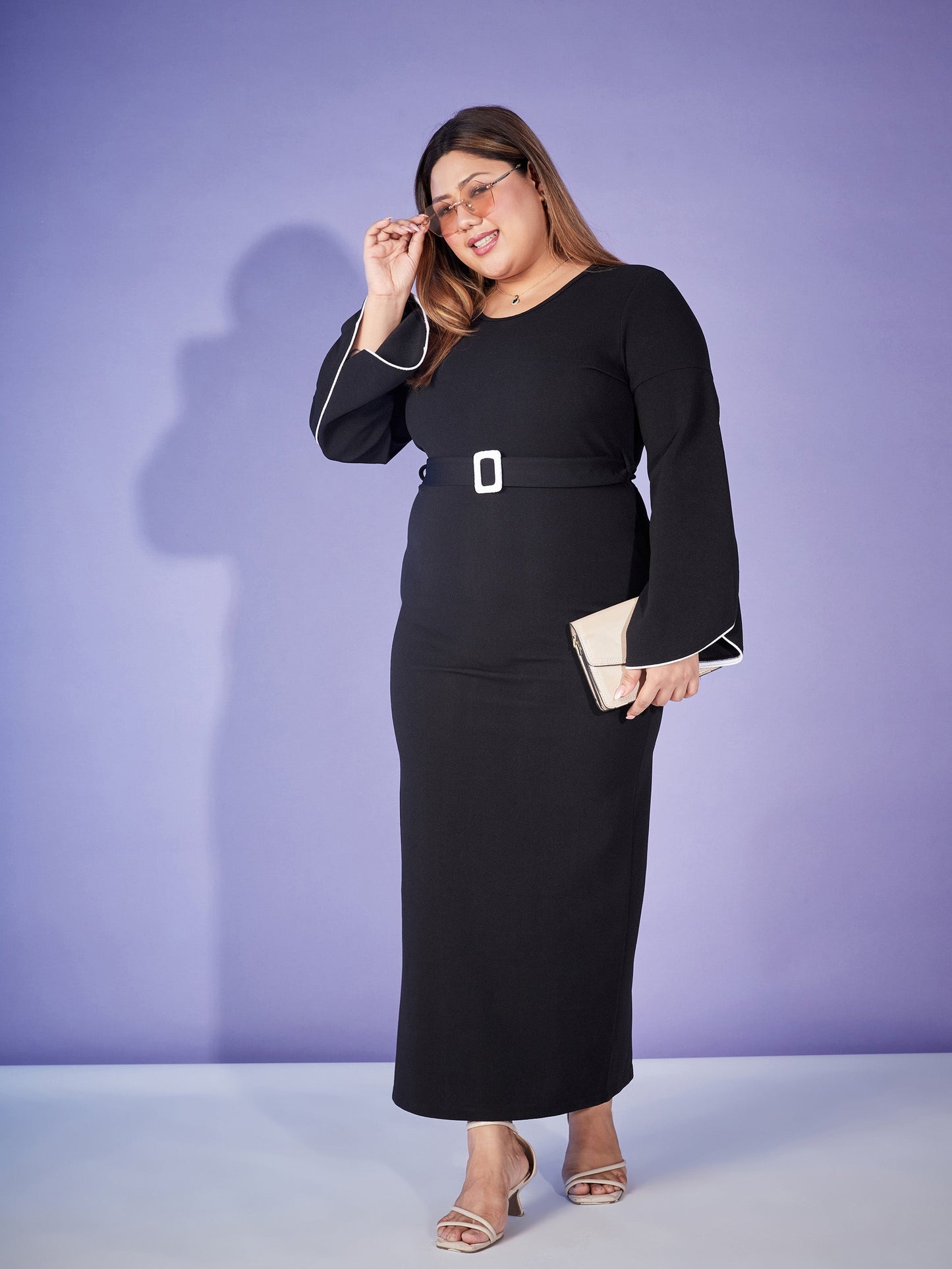 Black Contrast Piping Belted Bodycon Maxi Dress