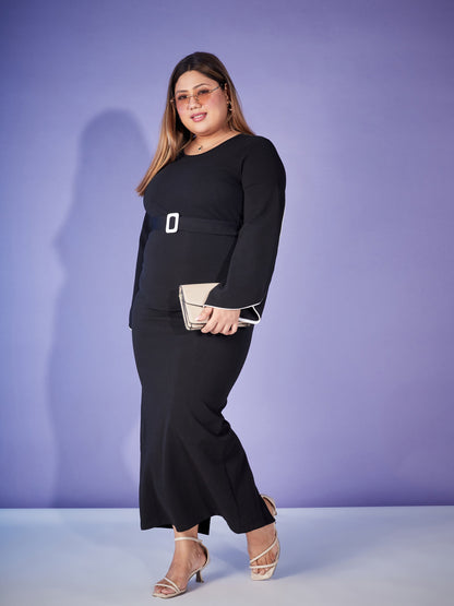 Black Contrast Piping Belted Bodycon Maxi Dress