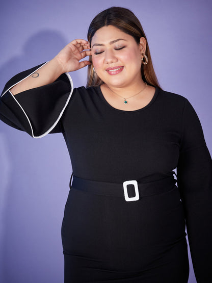 Black Contrast Piping Belted Bodycon Maxi Dress