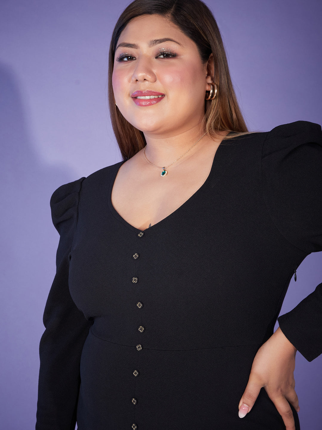 Black Puff Sleeve Bodycon Dress-SASSAFRAS Curve