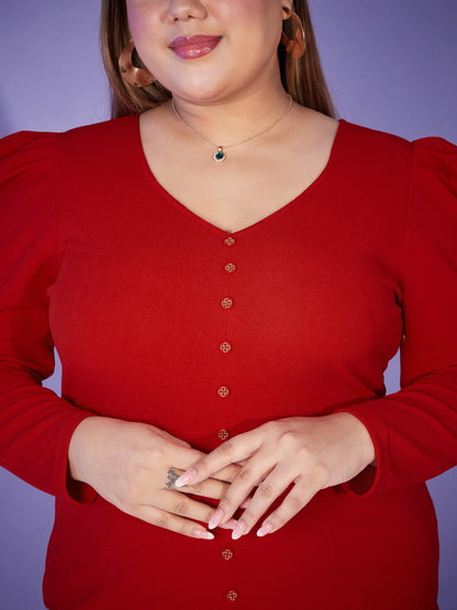 Red Puff Sleeve Bodycon Dress-SASSAFRAS Curve