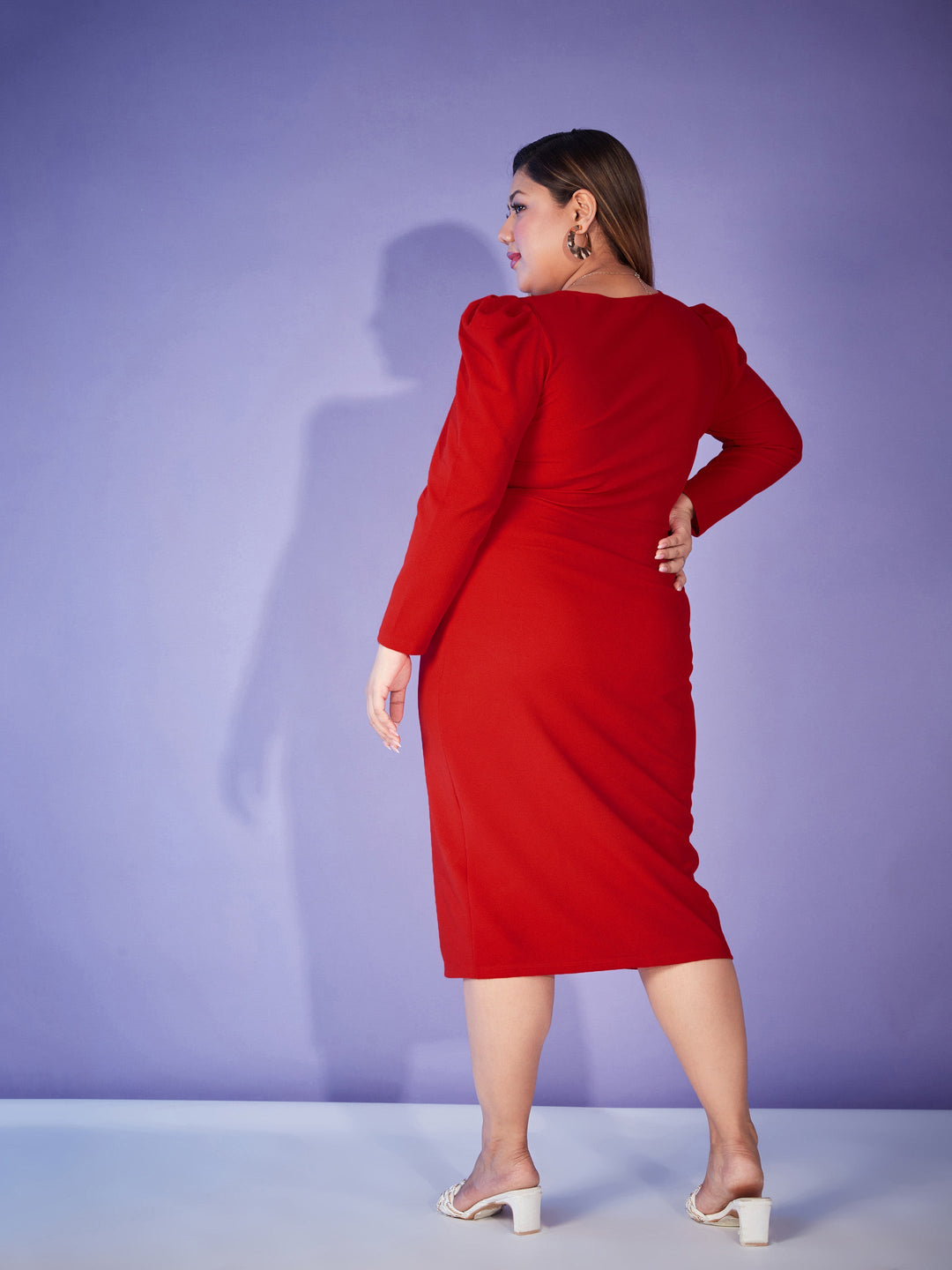 Red Puff Sleeve Bodycon Dress-SASSAFRAS Curve