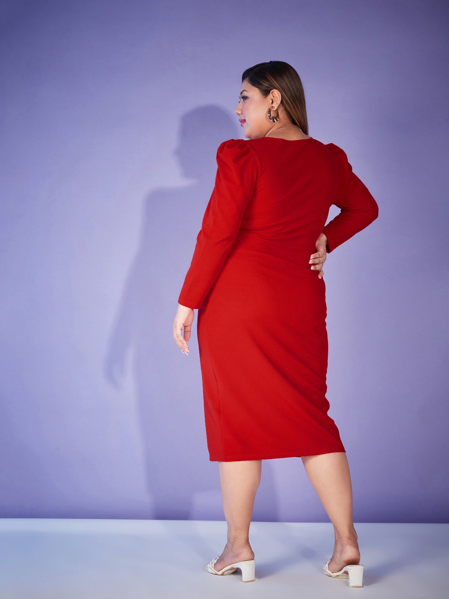 Red Puff Sleeve Bodycon Dress-SASSAFRAS Curve