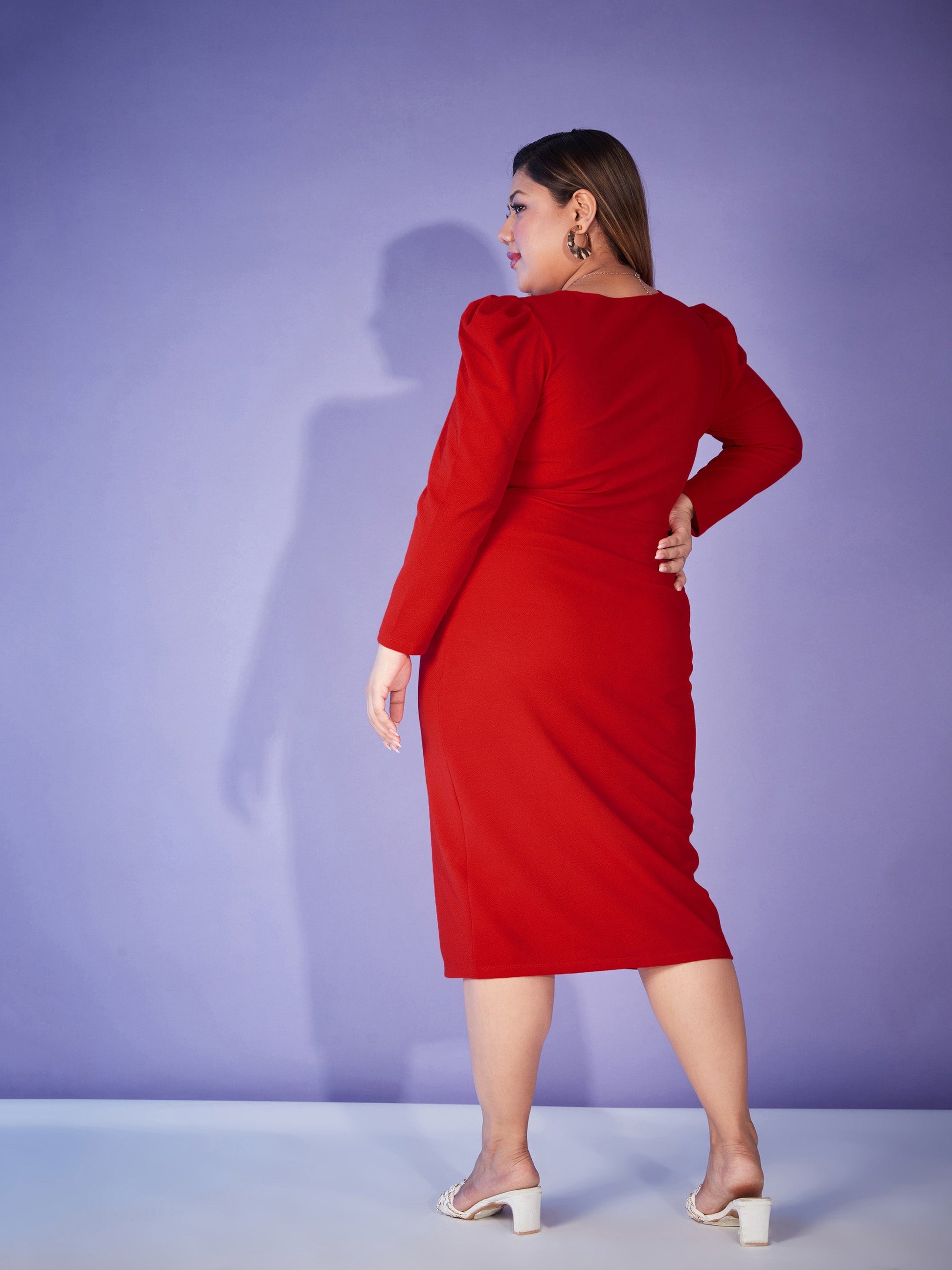 Red Puff Sleeve Bodycon Dress-SASSAFRAS Curve