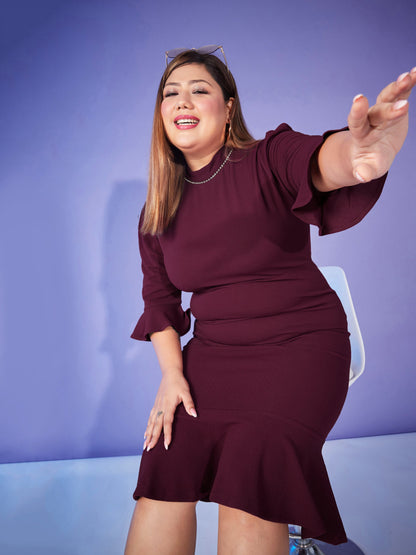 Plus size women's Burgundy Karera Crepe Burgundy Hem Frill Diamante Neck Bodycon Dress by Sassafras Curve for wholesale buyers, boutiques, resellers