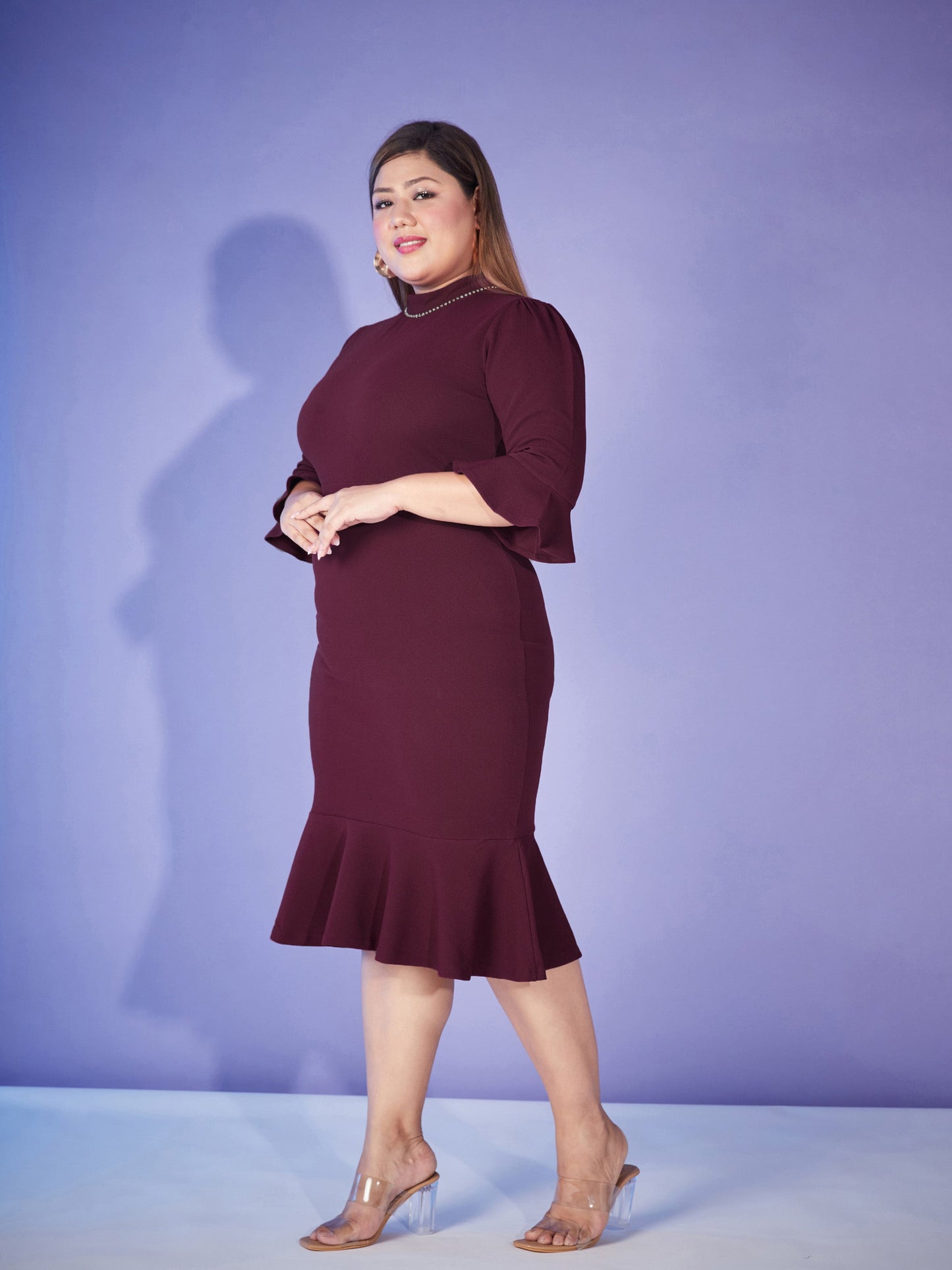 Burgundy Hem Frill Diamante Neck Bodycon Dress-SASSAFRAS Curve
