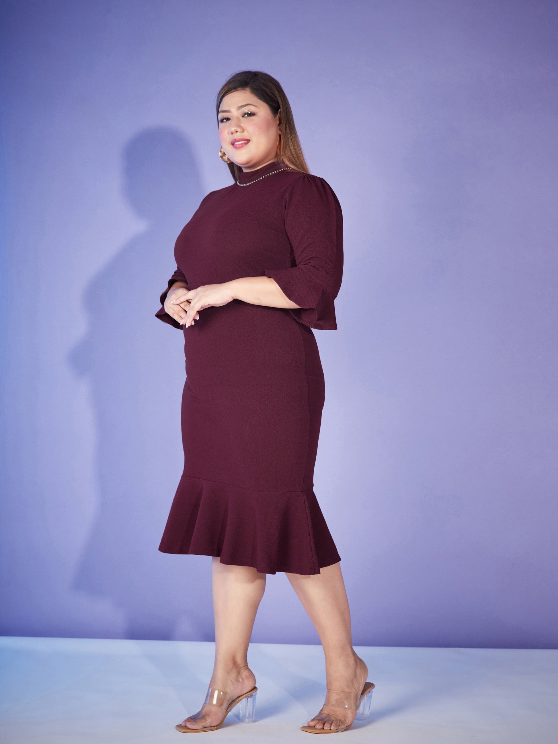 Burgundy Hem Frill Diamante Neck Bodycon Dress-SASSAFRAS Curve