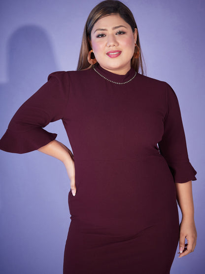 Burgundy Hem Frill Diamante Neck Bodycon Dress-SASSAFRAS Curve