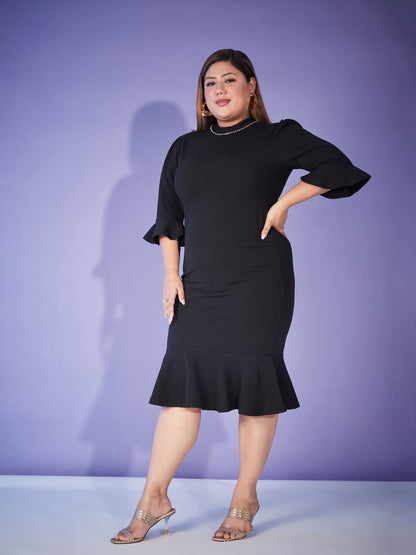 Black Hem Frill Diamante Neck Bodycon Dress