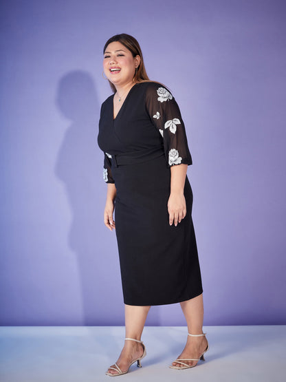 Black Printed Balloon Sleeve Belted Bodycon Dress-SASSAFRAS Curve