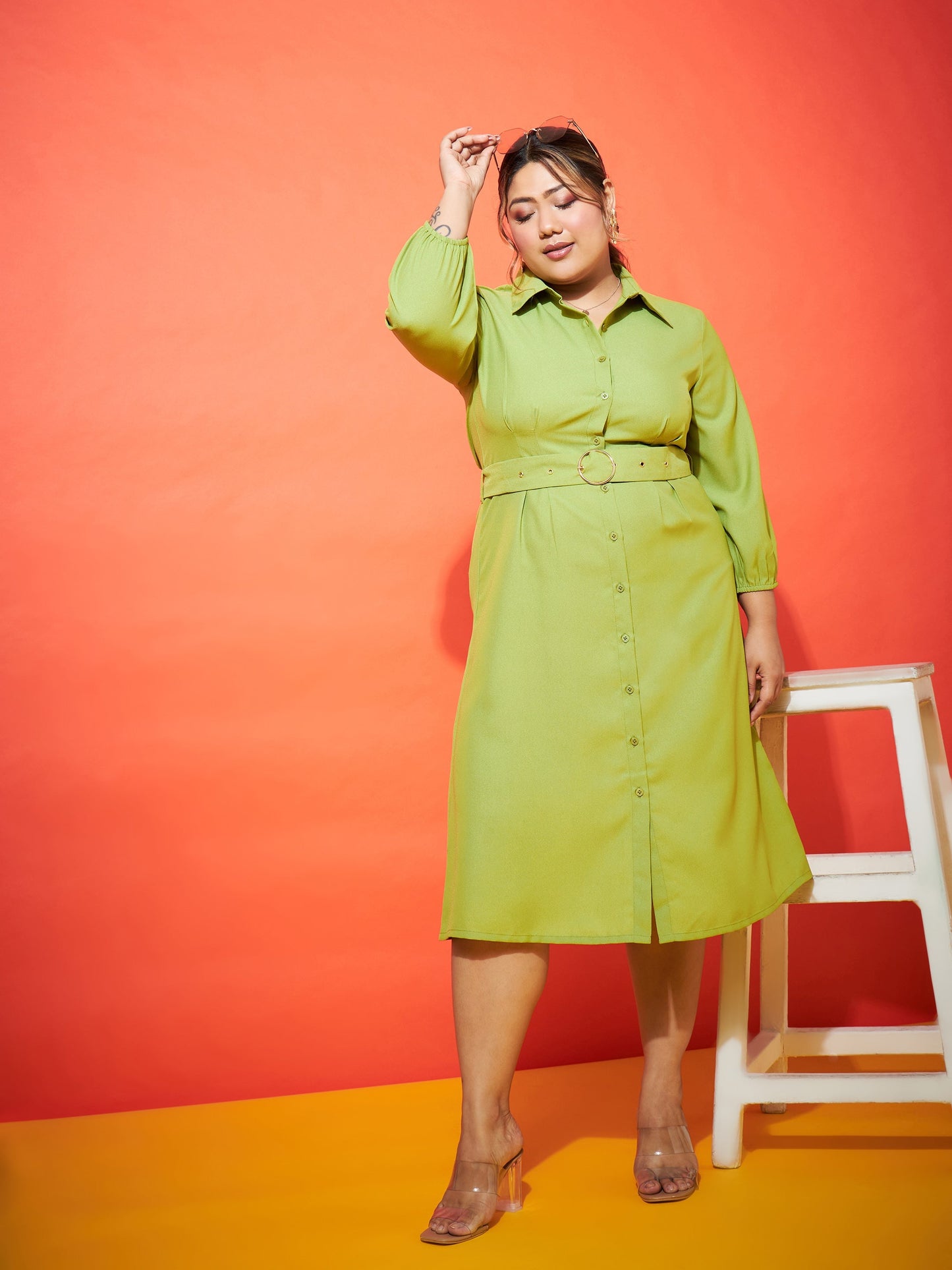 Plus size women's Green Polyester Green Front Button Shirt Dress by Sassafras Curve for wholesale buyers, boutiques, resellers and bulk orders from