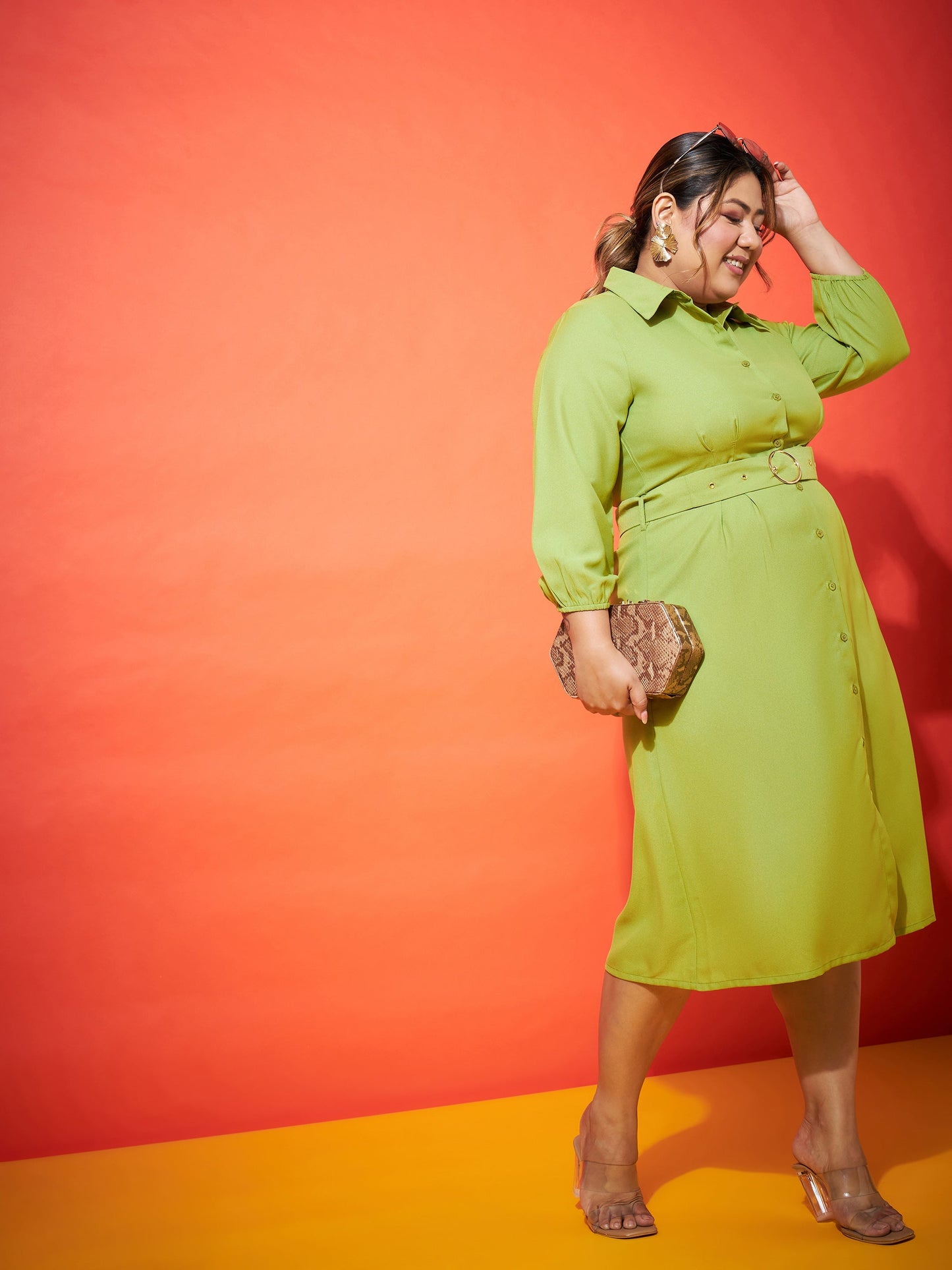 Green Front Button Shirt Dress-SASSAFRAS Curve