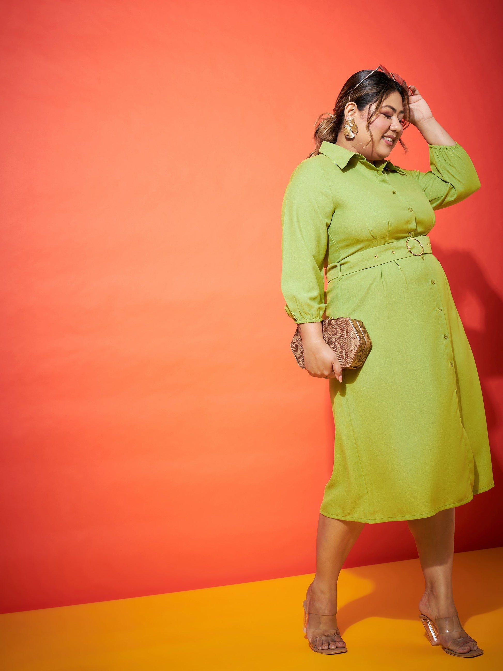 Green Front Button Shirt Dress-SASSAFRAS Curve