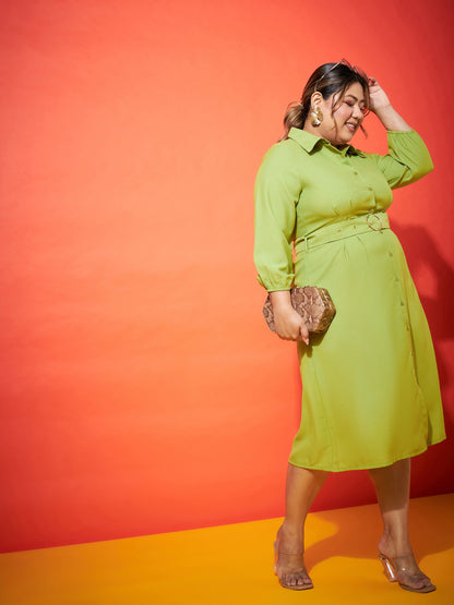 Green Front Button Shirt Dress-SASSAFRAS Curve