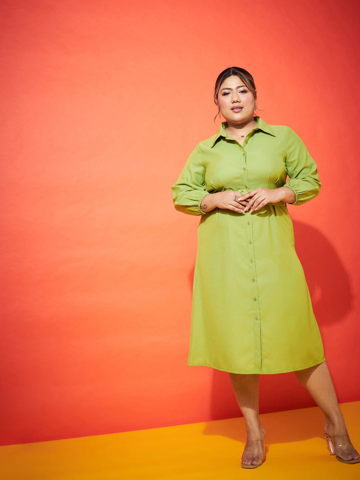 Green Front Button Shirt Dress-SASSAFRAS Curve