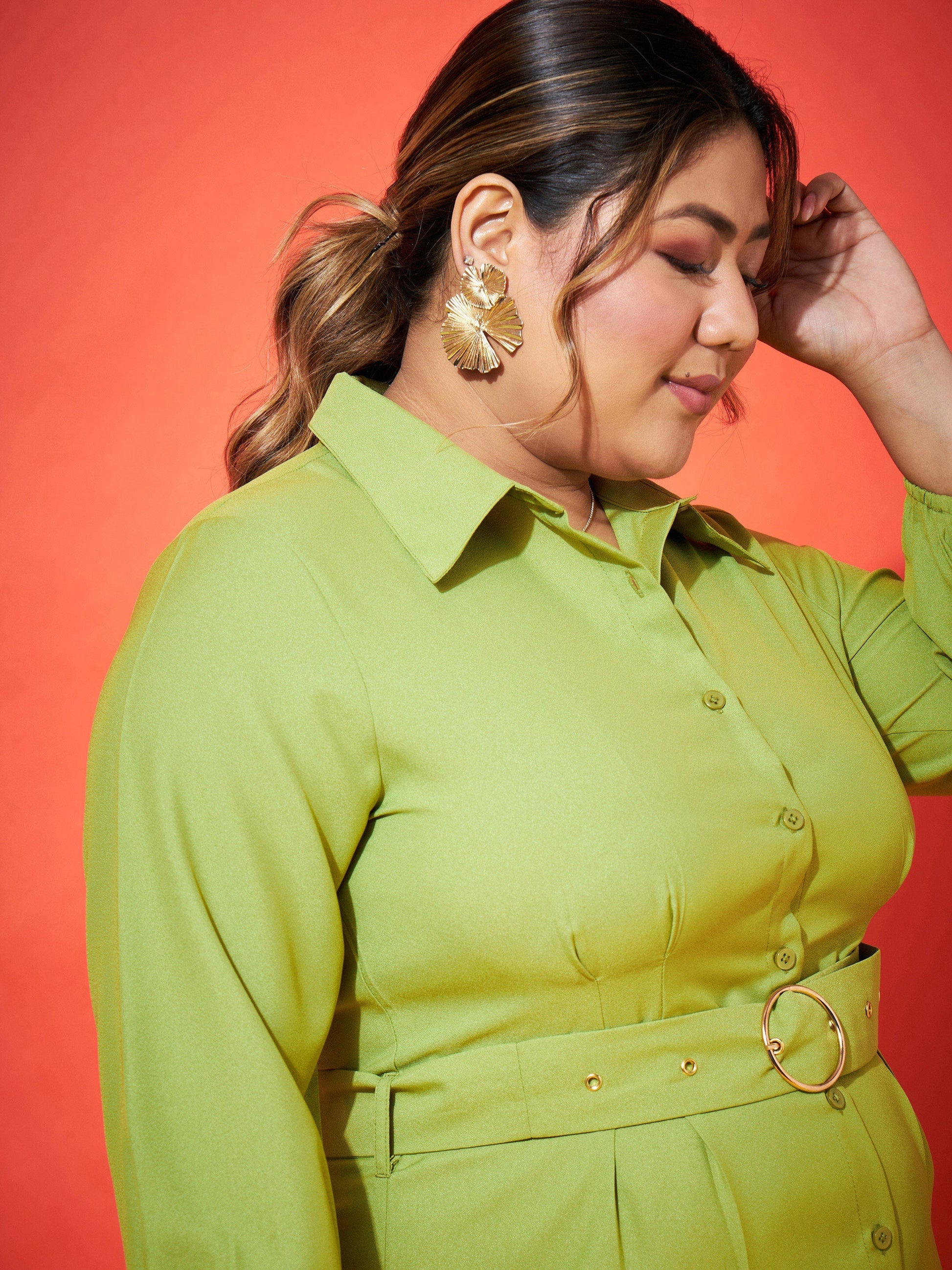 Green Front Button Shirt Dress-SASSAFRAS Curve