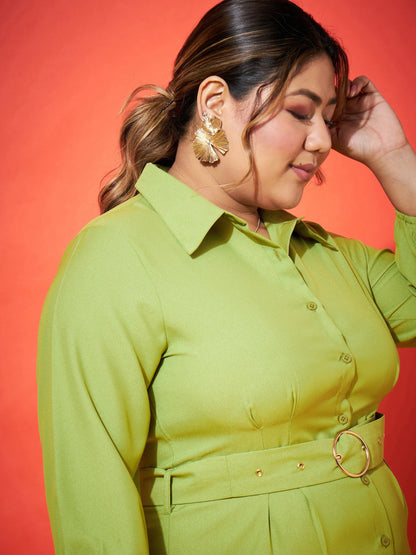 Green Front Button Shirt Dress-SASSAFRAS Curve