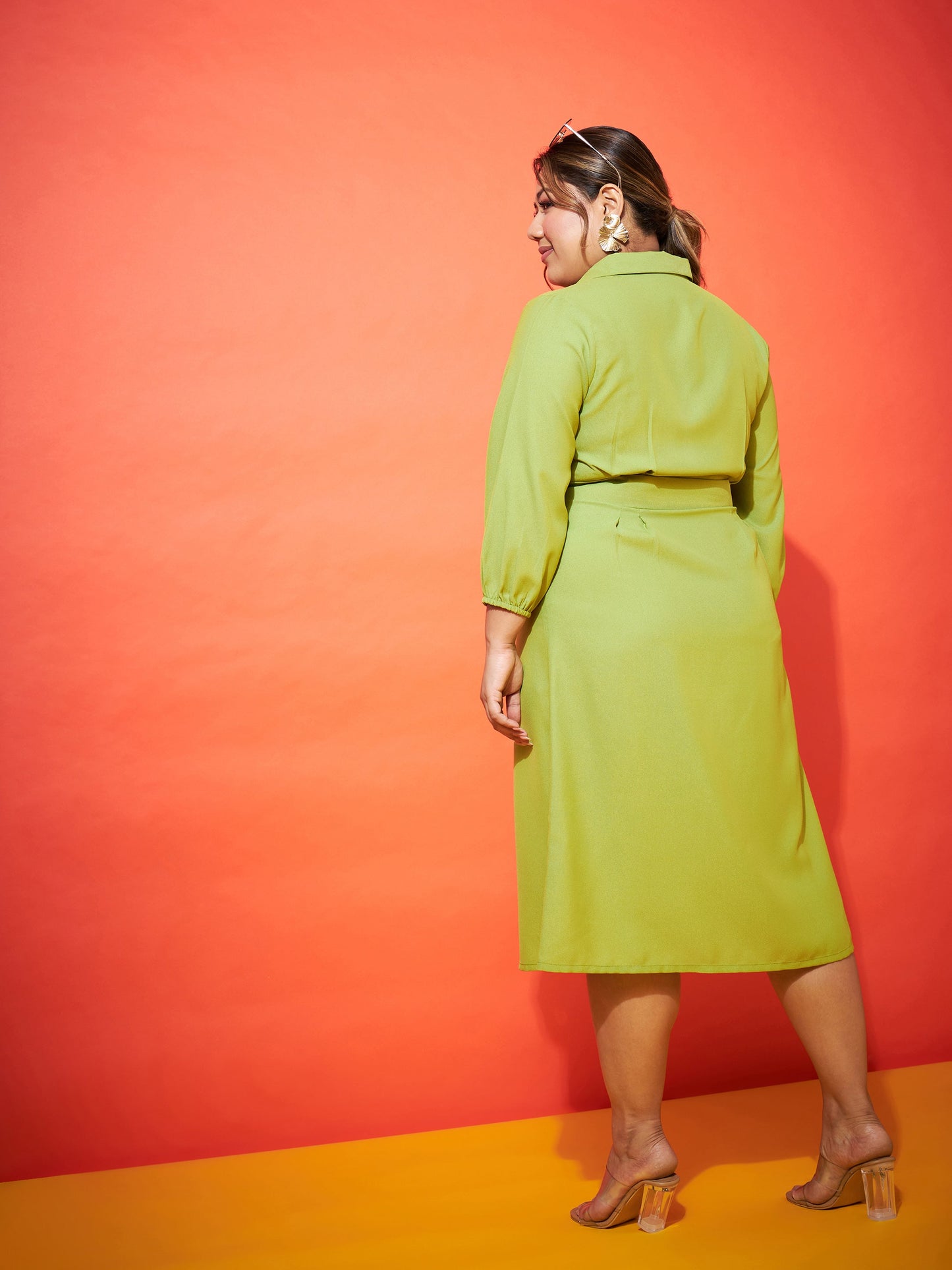 Green Front Button Shirt Dress-SASSAFRAS Curve
