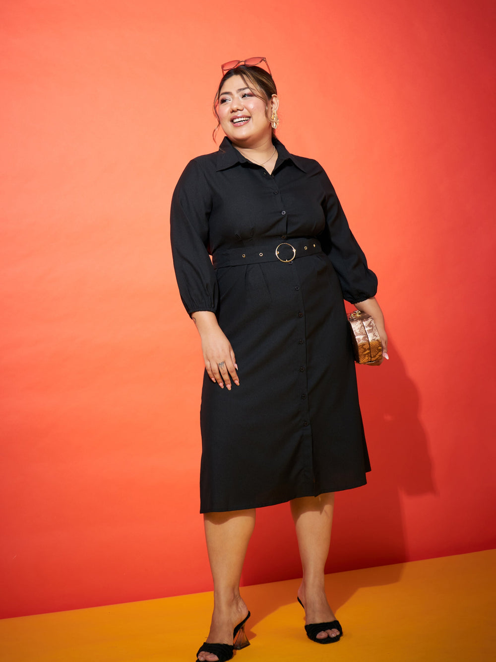 Black Front Button Shirt Dress-SASSAFRAS Curve