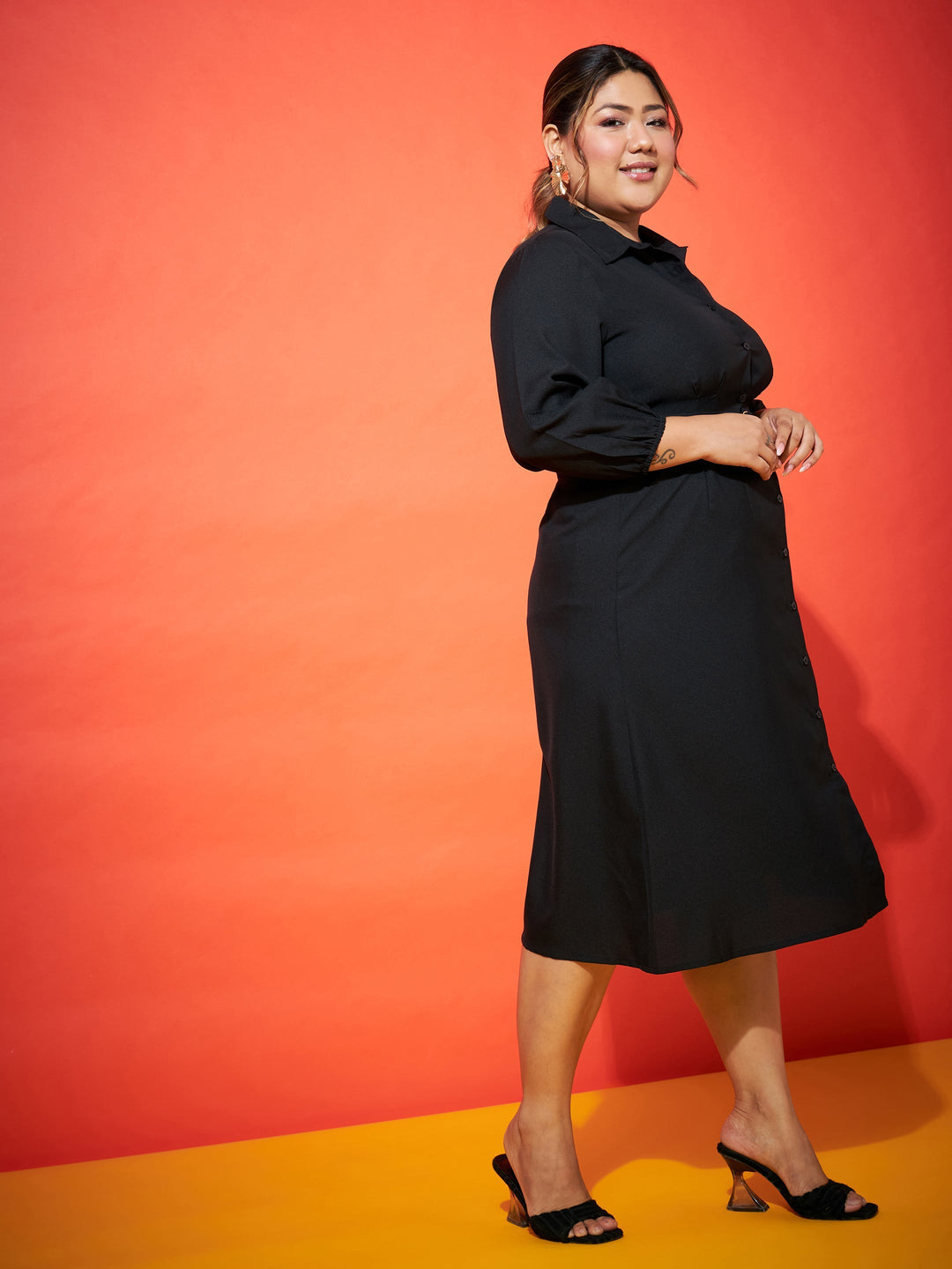 Black Front Button Shirt Dress-SASSAFRAS Curve