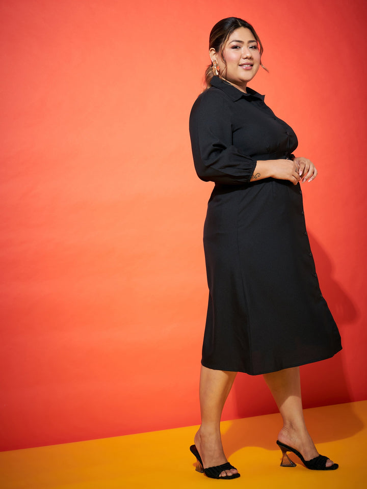 Black Front Button Shirt Dress-SASSAFRAS Curve