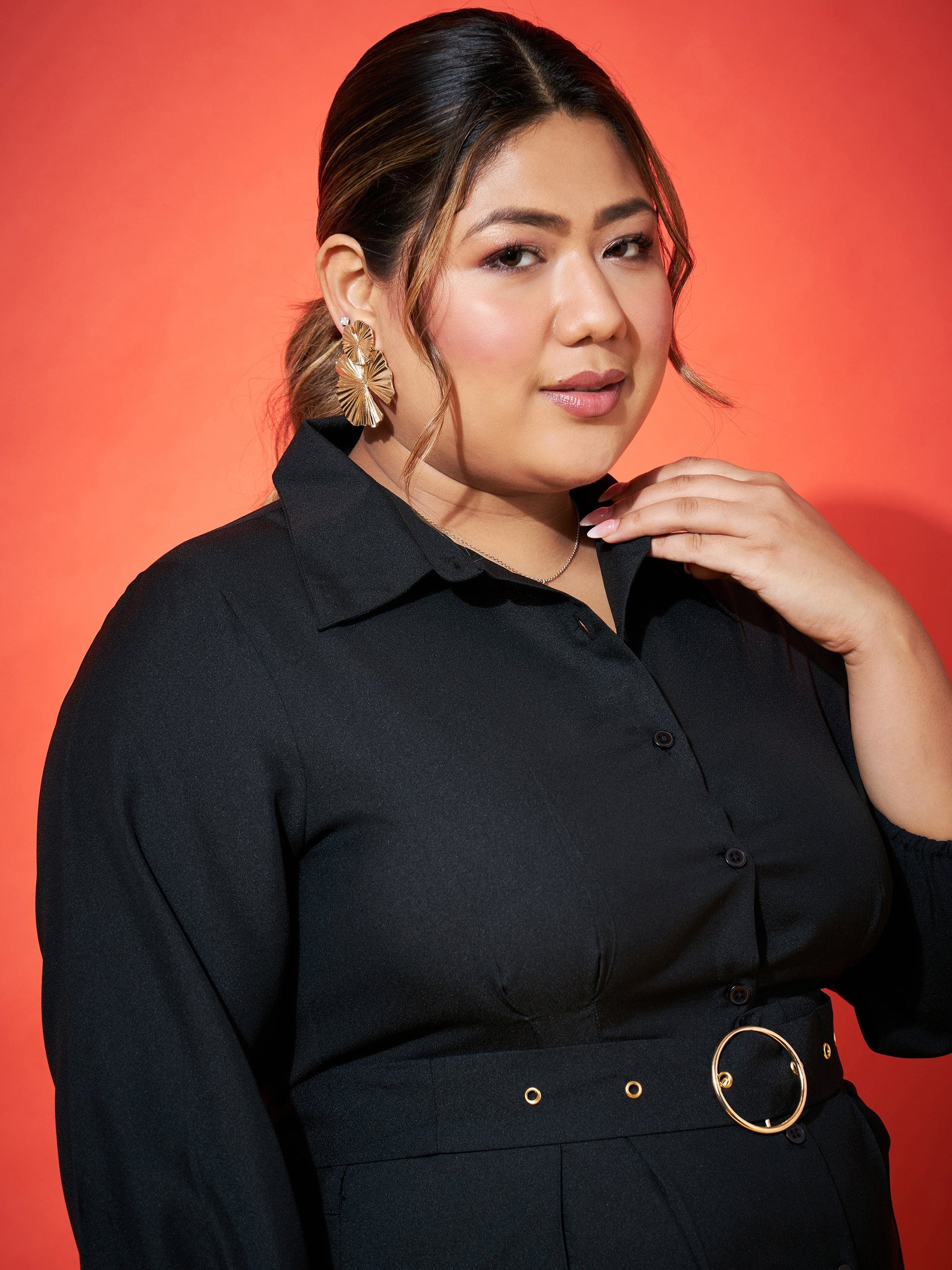 Black Front Button Shirt Dress-SASSAFRAS Curve