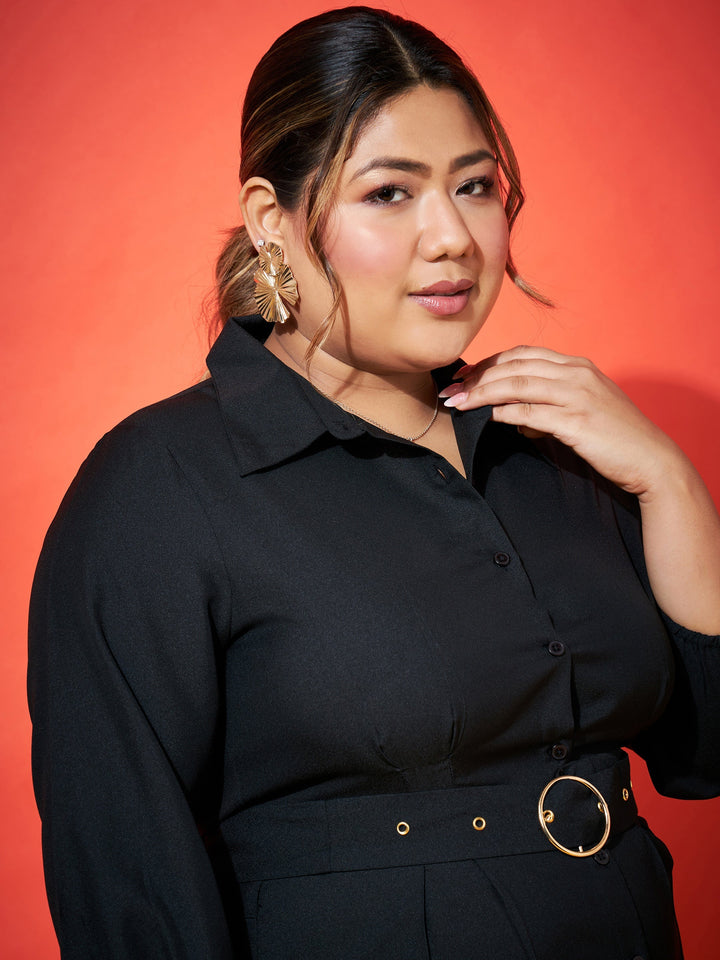 Black Front Button Shirt Dress-SASSAFRAS Curve
