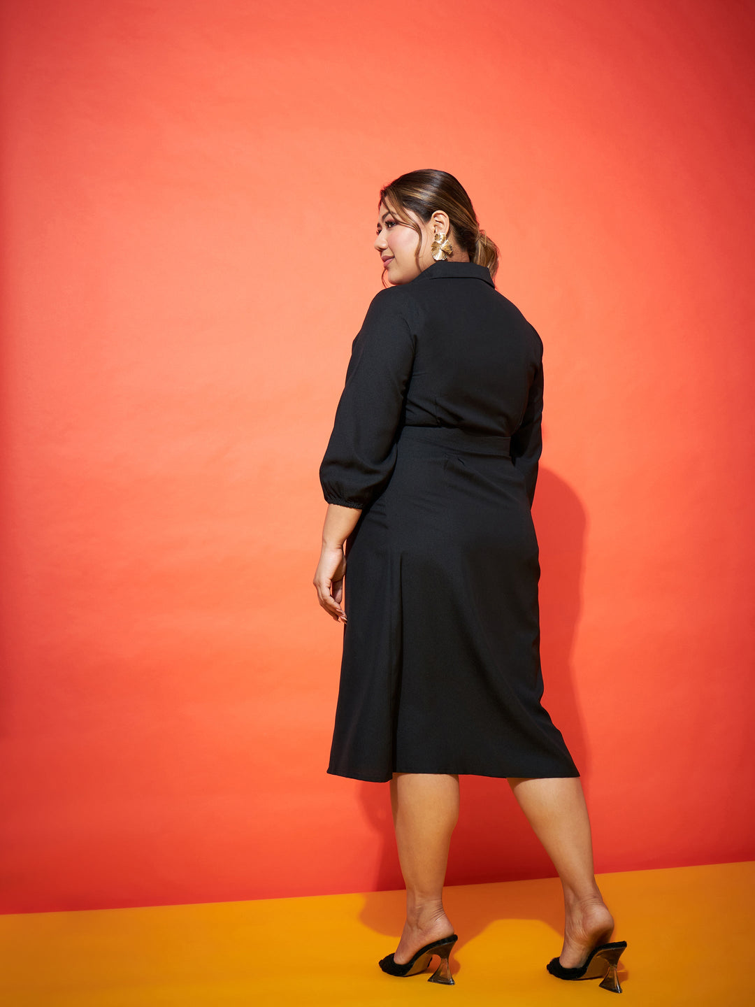 Black Front Button Shirt Dress-SASSAFRAS Curve