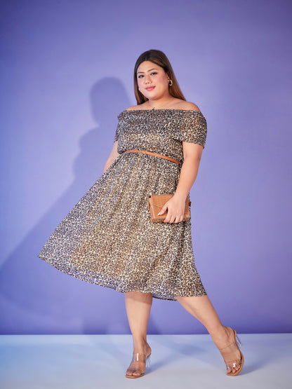 Beige Animal Print Off Shoulder Belted Dress