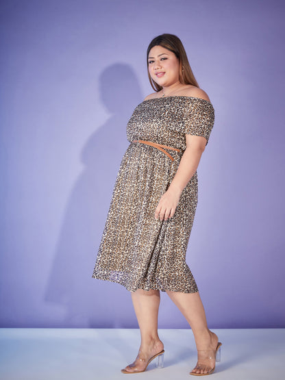 Beige Animal Print Off Shoulder Belted Dress