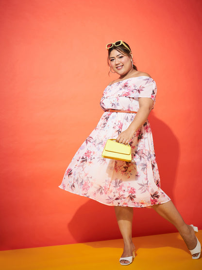 Pink Floral Off Shoulder Belted Dress