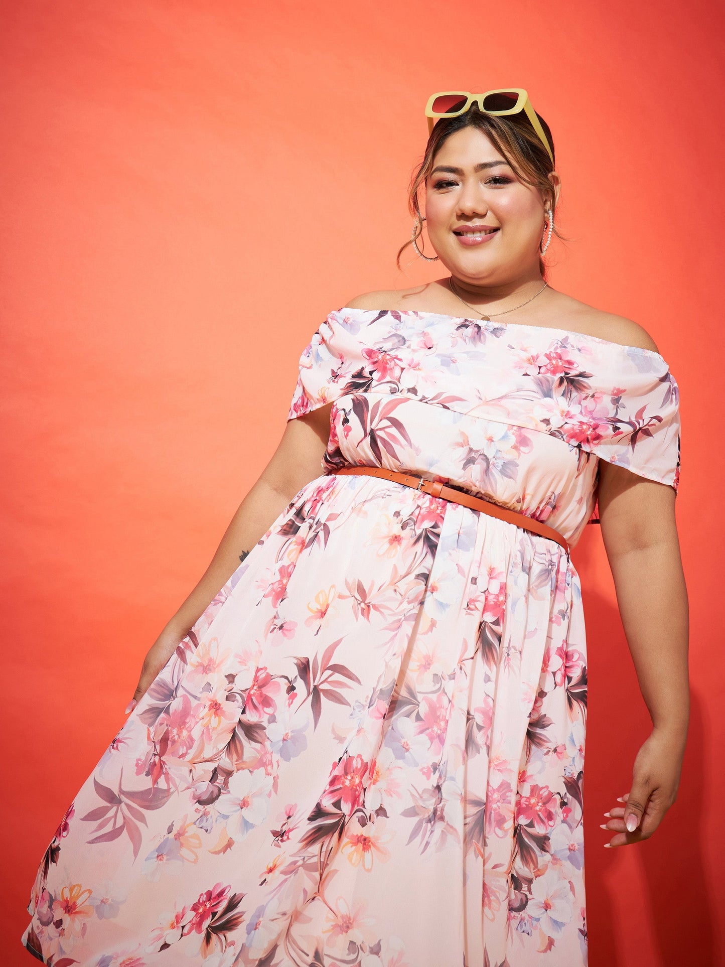 Pink Floral Off Shoulder Belted Dress