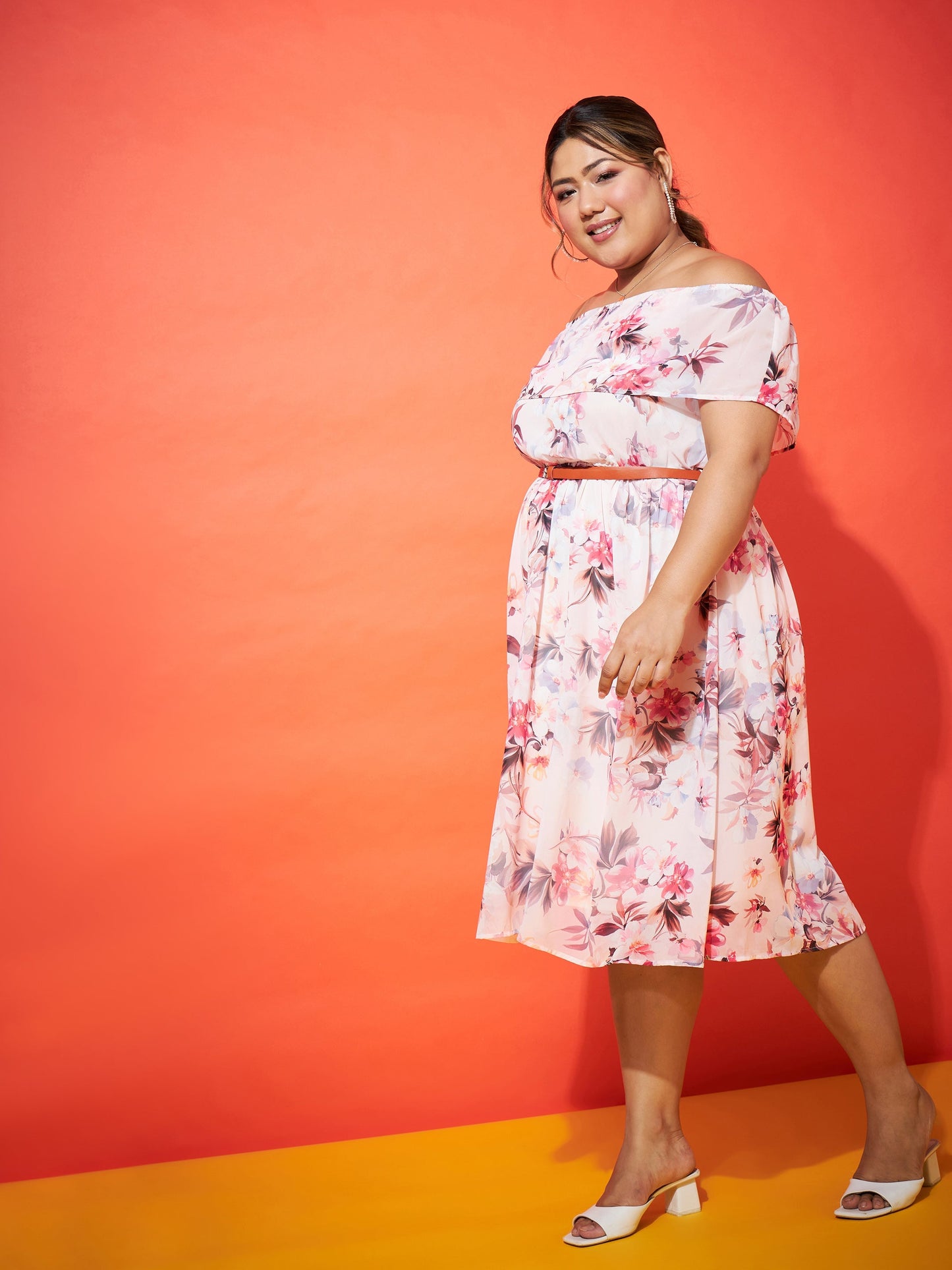Pink Floral Off Shoulder Belted Dress
