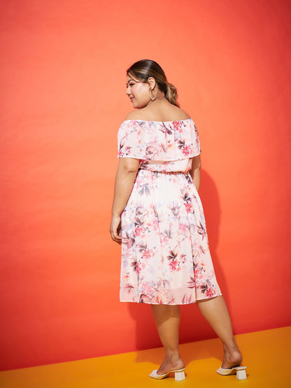 Pink Floral Off Shoulder Belted Dress