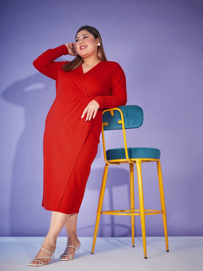 Red Front Wrap Bodycon Midi Dress