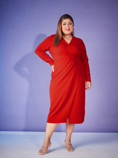 Red Front Wrap Bodycon Midi Dress