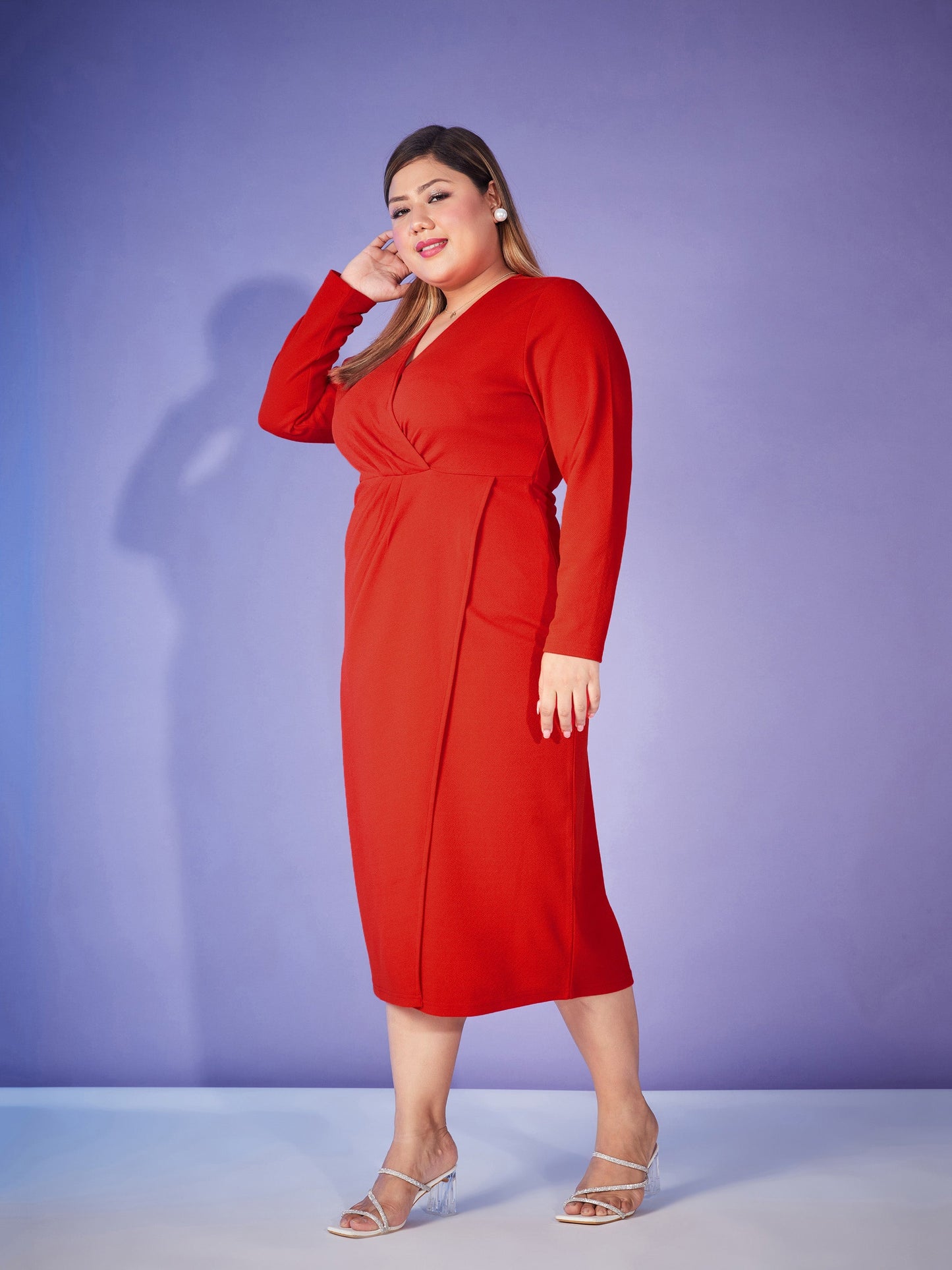 Red Front Wrap Bodycon Midi Dress