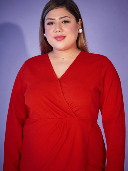 Red Front Wrap Bodycon Midi Dress