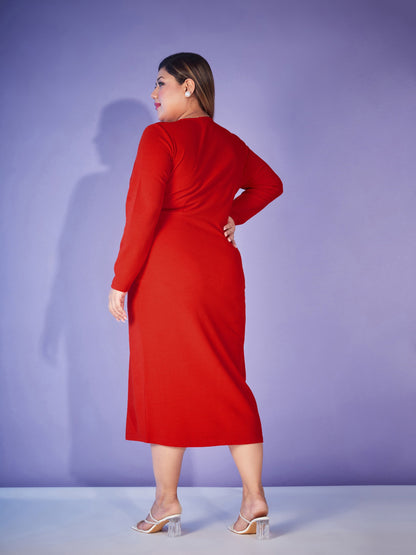 Red Front Wrap Bodycon Midi Dress