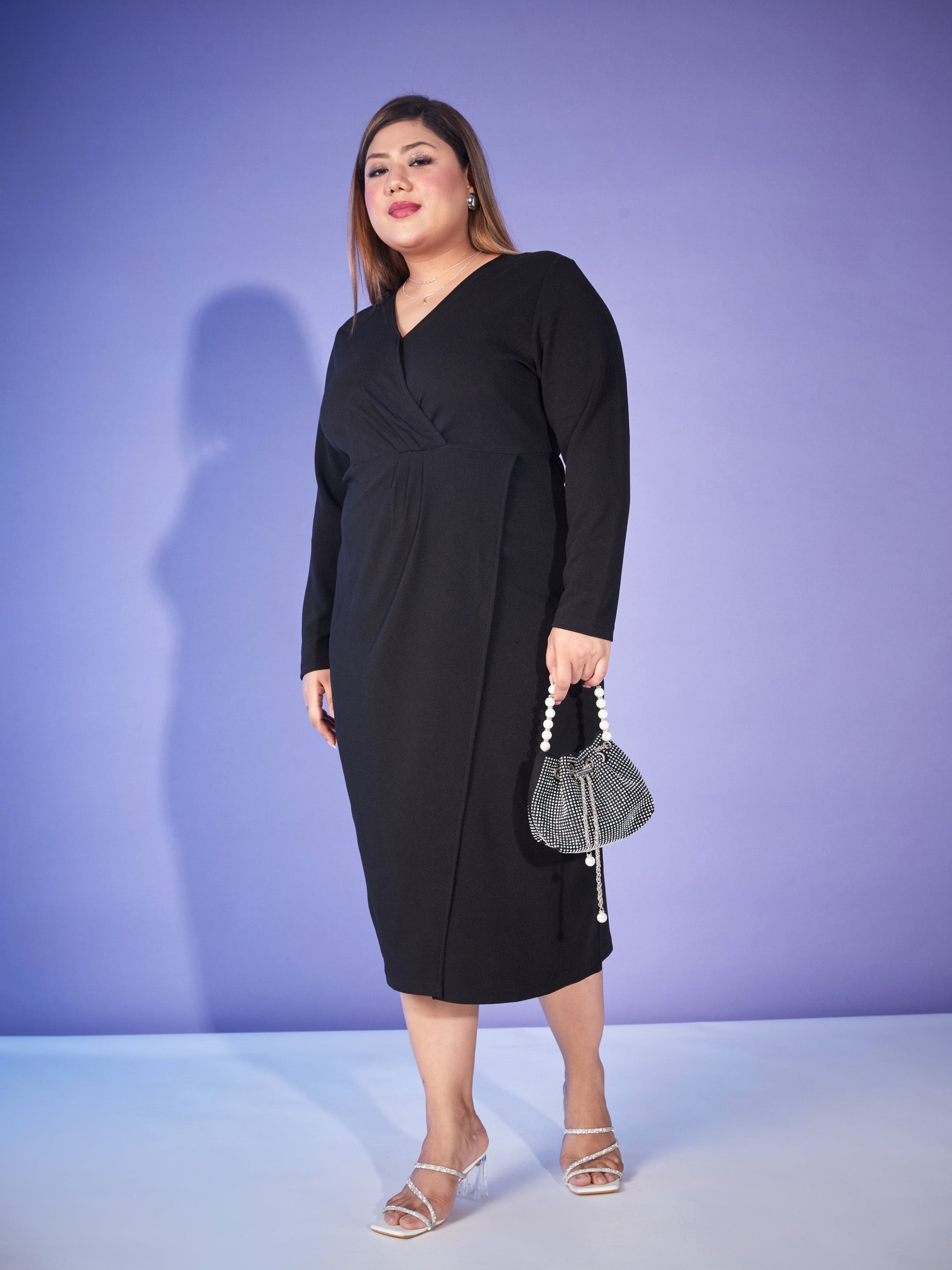 Plus size women's Black Karera Crepe Black Front Wrap Bodycon Midi Dress by Sassafras Curve for wholesale buyers, boutiques, resellers and bulk
