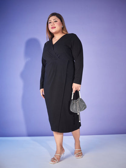 Plus size women's Black Karera Crepe Black Front Wrap Bodycon Midi Dress by Sassafras Curve for wholesale buyers, boutiques, resellers and bulk