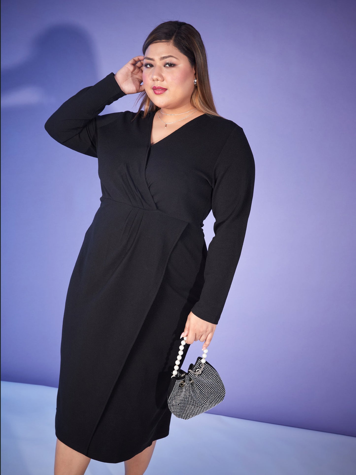 Black Front Wrap Bodycon Midi Dress-SASSAFRAS Curve