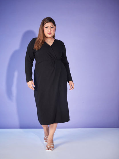 Black Front Wrap Bodycon Midi Dress-SASSAFRAS Curve