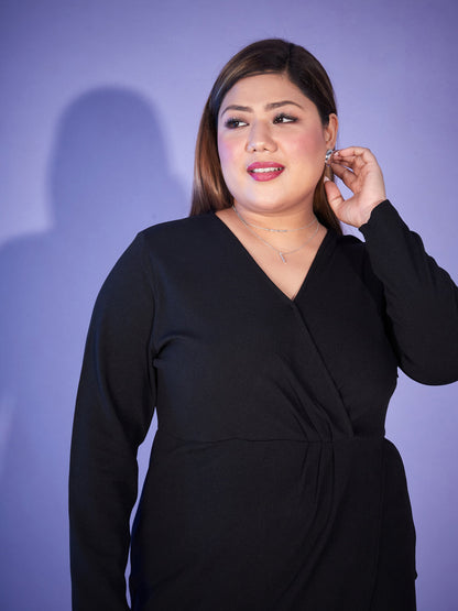 Black Front Wrap Bodycon Midi Dress-SASSAFRAS Curve